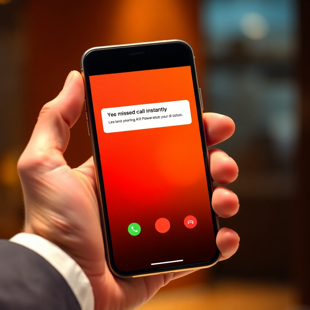 A photorealistic image of a smartphone screen displaying a missed call notification, instantly triggering an AI-powered callback sequence. The phone is held by a hand with a business suit sleeve visible, suggesting prompt action. The background is blurred, focusing attention on the phone screen and the AI interface. Lighting is warm and inviting, conveying efficiency and speed. Style: Realistic, modern, and action-oriented. Technical specs: 4K resolution, high detail.