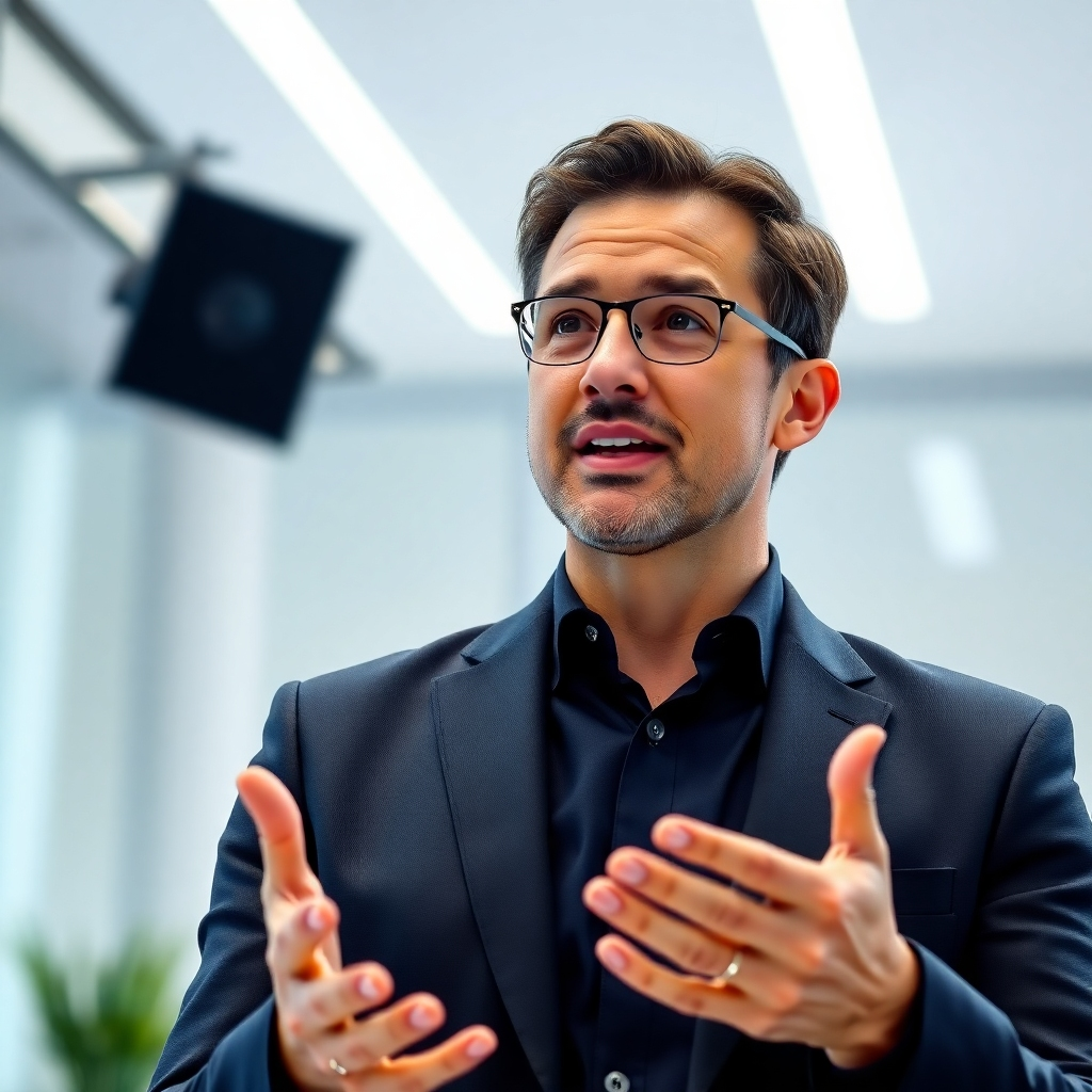 A photorealistic image of a spokesperson in a professional setting, delivering a confident message.  The company logo is subtly yet clearly displayed on their clothing, backdrop, or a product they are presenting. The lighting is bright and even, and the background is clean and uncluttered. The overall aesthetic should be modern and sophisticated.