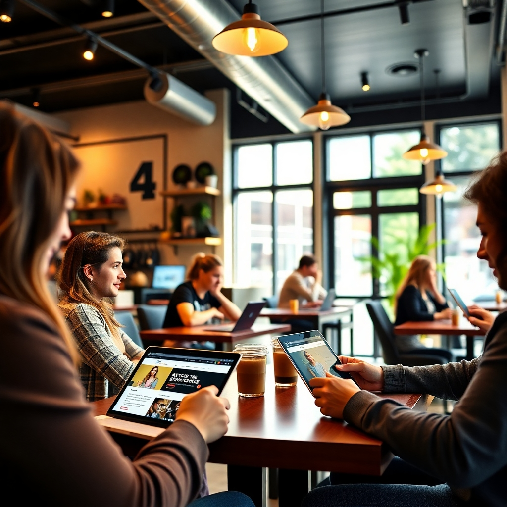 A photorealistic image of a stylish, modern coffee shop in Hattiesburg, Mississippi. The image should feature several people using laptops and smartphones, seamlessly integrated into the coffee shop environment. The website displayed should be a sleek, responsive design reflecting modern UI/UX principles, emphasizing easy navigation. The lighting should be natural and well-balanced, showcasing a vibrant, lively atmosphere. The camera angle should be slightly elevated, giving a panoramic view of the cafe. The overall style should convey a modern and welcoming vibe.