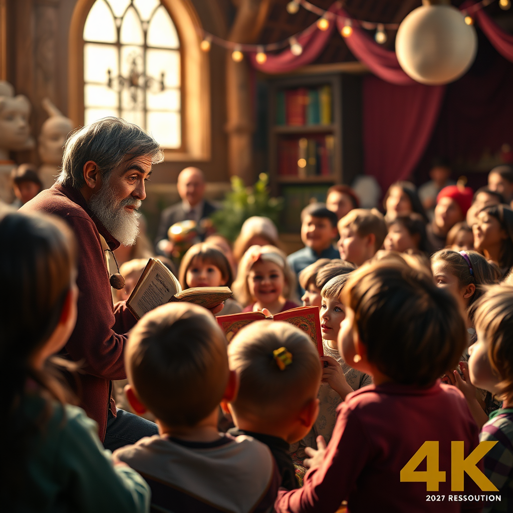 A photorealistic image of a storyteller captivating an audience of children during a storytelling event. The storyteller is animated and engaging. The scene is lively and exciting, capturing the magic of storytelling. 4k resolution.