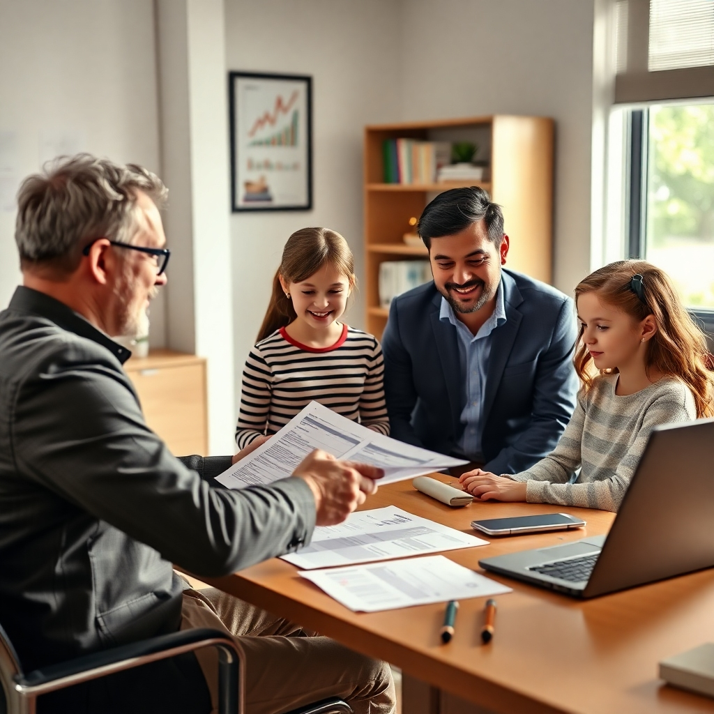 A photorealistic image of a tax professional sitting across from a family with two children.  The professional is smiling and explaining financial documents and graphs while the family listens attentively. The scene should convey a sense of trust, security, and personalized attention, with the office setting being bright and inviting.