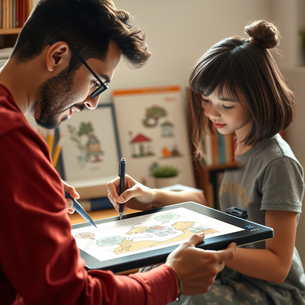 A photorealistic image of a talented illustrator creating a custom illustration for a storybook, using a digital drawing tablet. The artist's focus and creativity are evident in the image. The lighting is bright and inspiring.