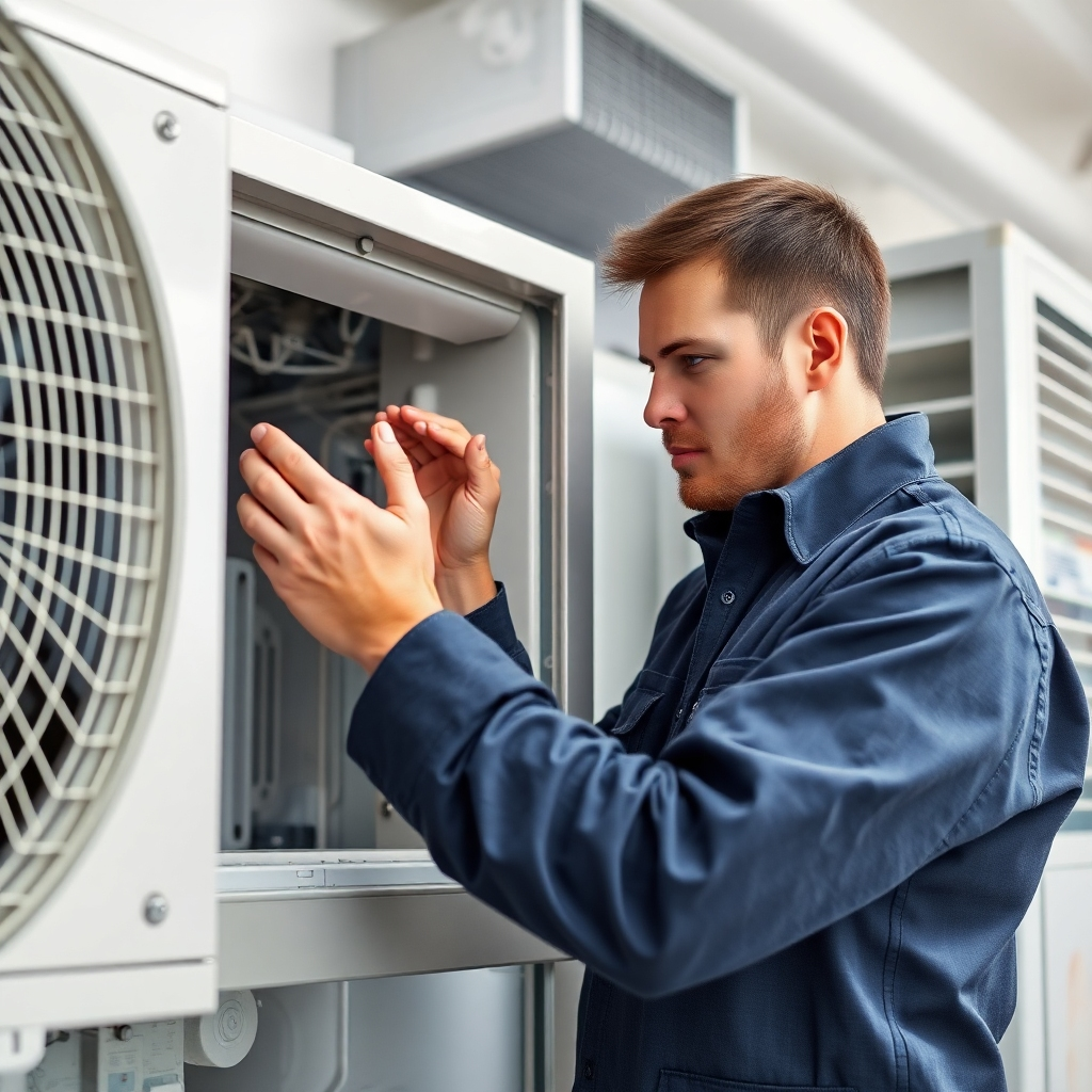 A photorealistic image of a technician carefully examining an AC unit, demonstrating precision and expertise. The lighting should be bright, and the overall setting should be clean and professional. Technical specs: 4K resolution, high quality.