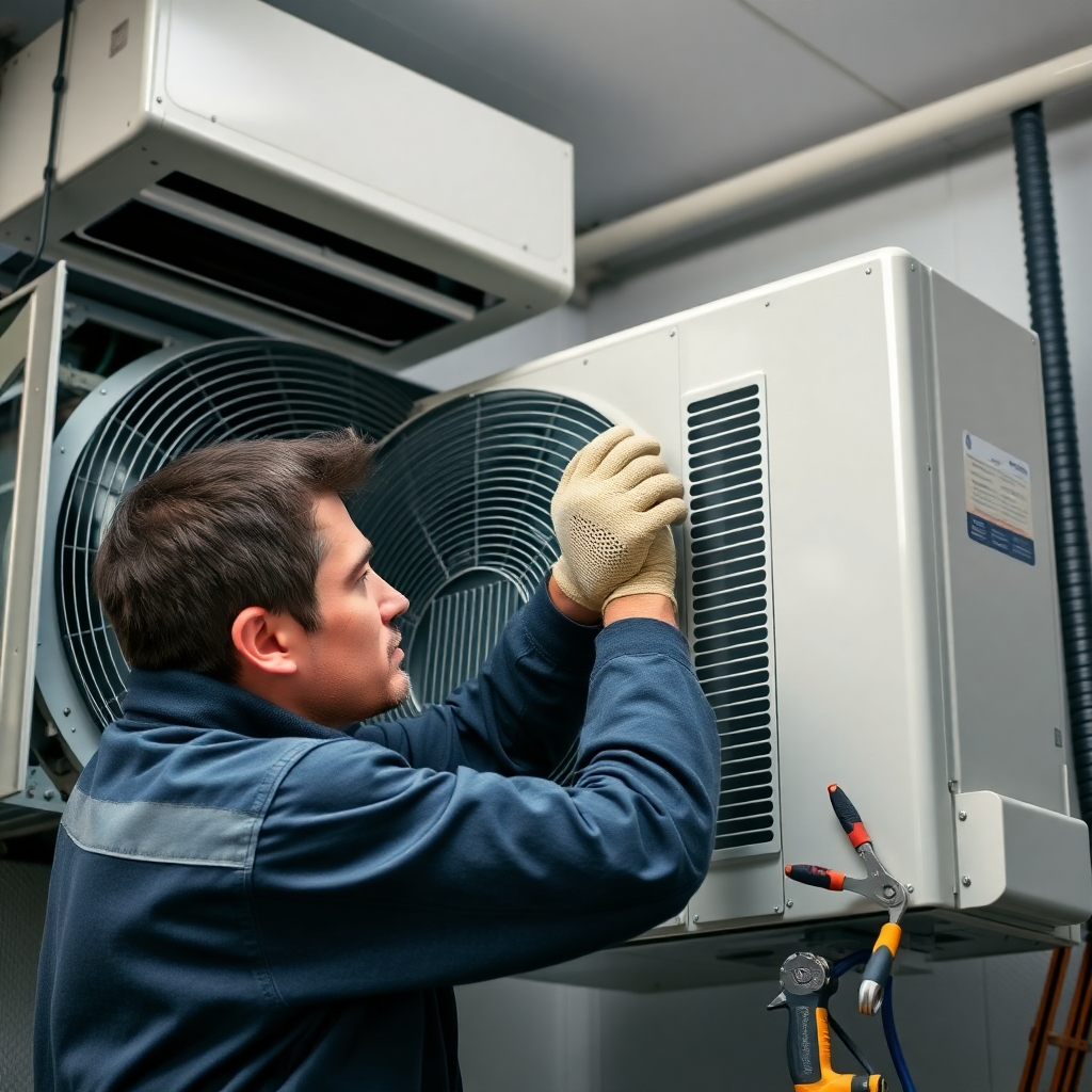 A photorealistic image of a technician repairing an AC unit, showcasing problem-solving skills and technical expertise. Show tools, parts, and a sense of professionalism.