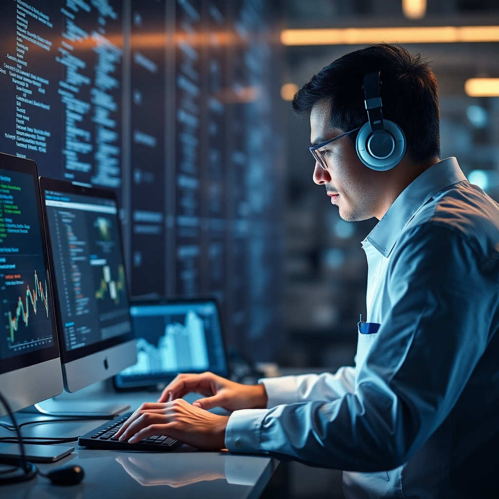 A photorealistic image of a technician working on a computer, with data streams and graphs subtly suggesting website maintenance. Lighting should be well-balanced, showcasing technology and the meticulous process.