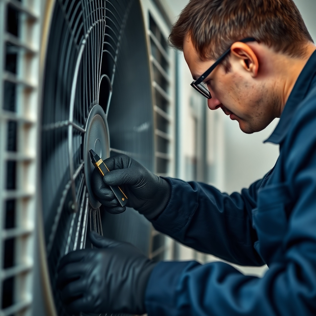 A photorealistic image of a technician skillfully repairing an AC unit, close-up shot showcasing precision and expertise.  Focus on sharp details of tools and components; use natural lighting and realistic textures.  4k resolution, the style should convey a sense of expertise and professionalism. 