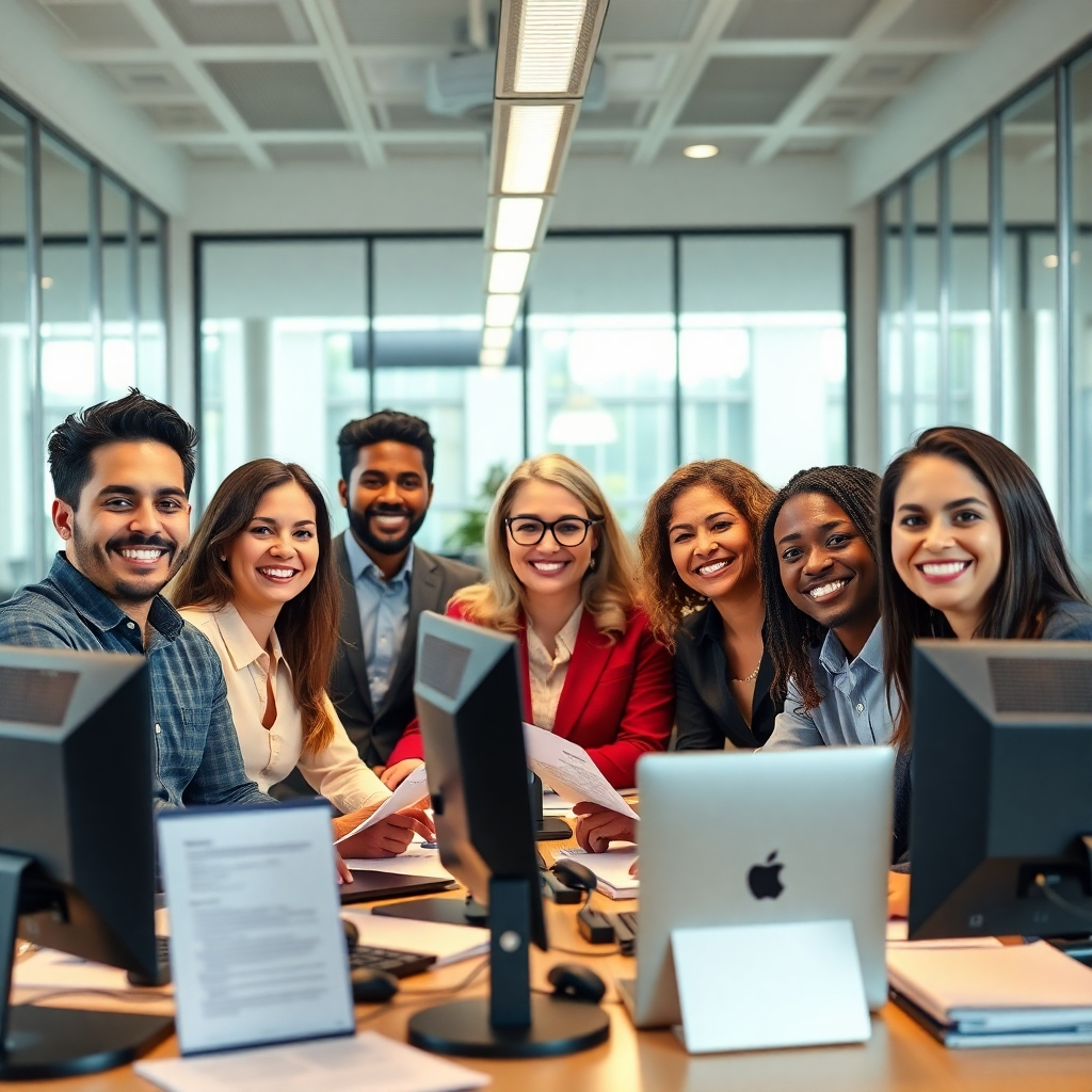 A photorealistic image of a team of diverse, friendly tax professionals in a modern, well-lit office in The Woodlands, TX, smiling and working collaboratively on computers, showcasing a positive and professional atmosphere.  High-resolution, detailed image emphasizing professionalism and teamwork. Include relevant tax documents subtly in the background.