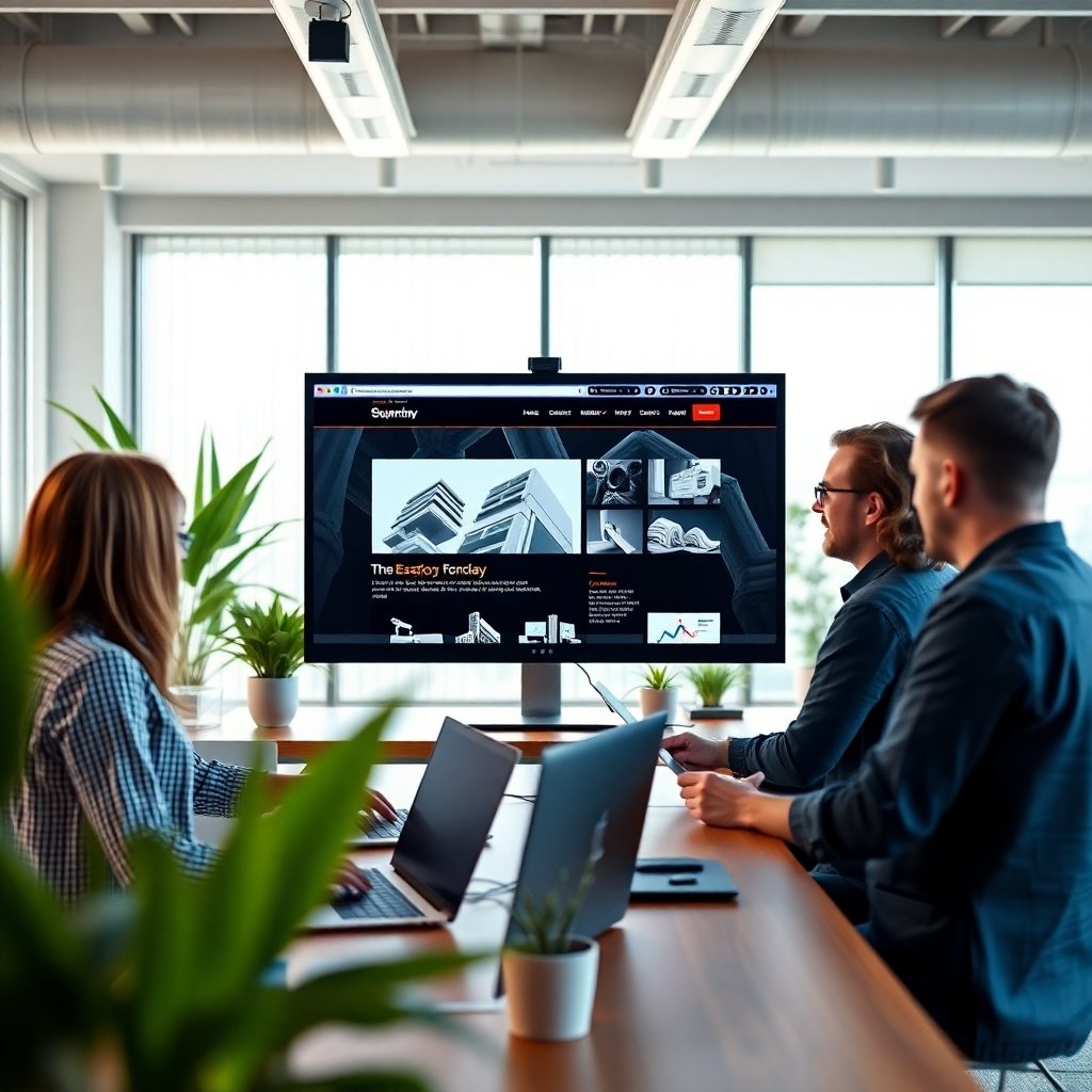 A photorealistic image of a team of web designers in a modern, bright office in Gladewater, TX, collaborating on a large monitor displaying a sleek, modern website design.  The office should have natural light and plants, conveying a creative and professional atmosphere. The website on the screen should showcase clean design and intuitive navigation, emphasizing user experience. The image should have a shallow depth of field, focusing on the designers and the website.