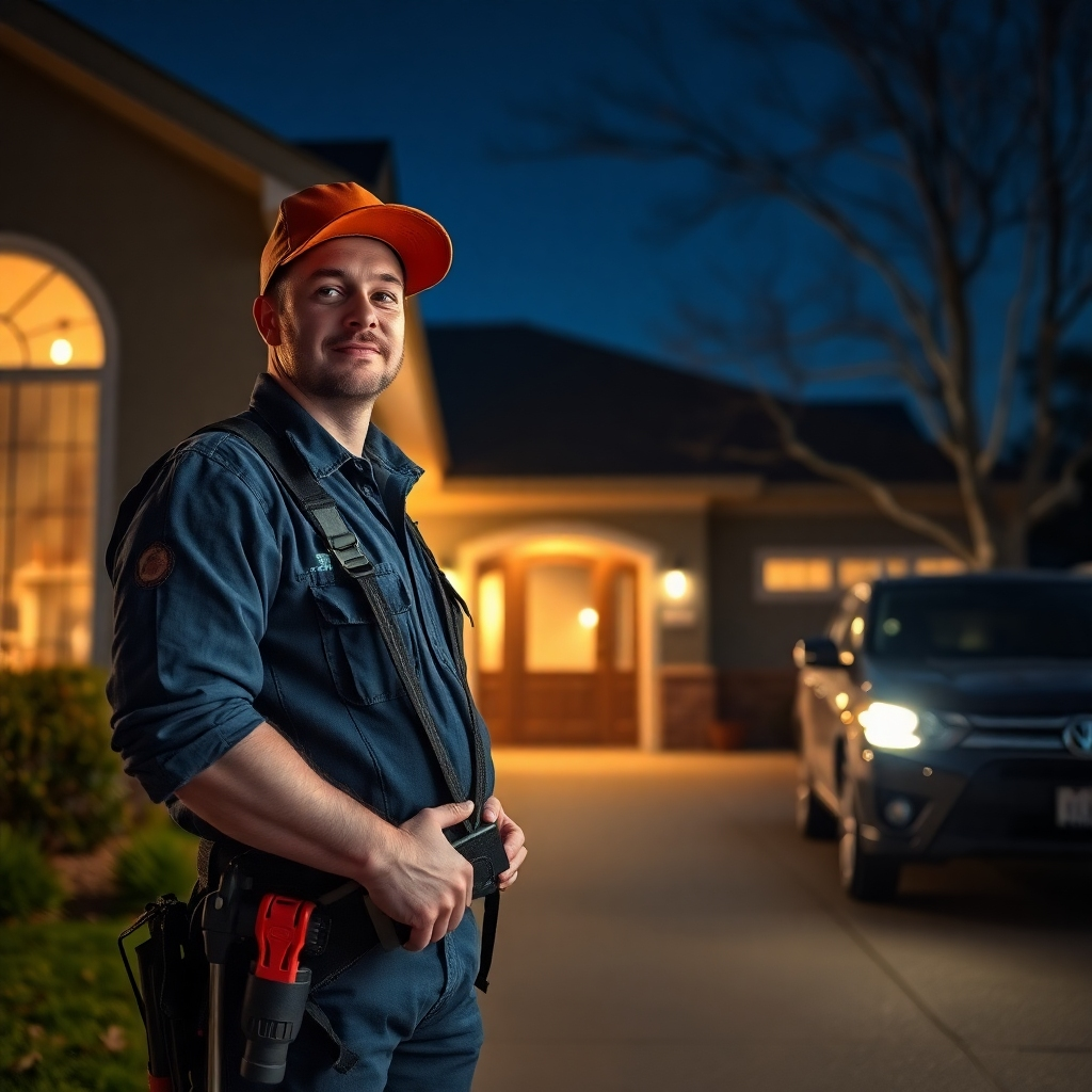 A photorealistic image of a technician arriving at a residence in Cedar Park, TX, late at night, equipped with tools and a professional demeanor, in a well-lit scene with the home's lights on inside and car headlights shining.