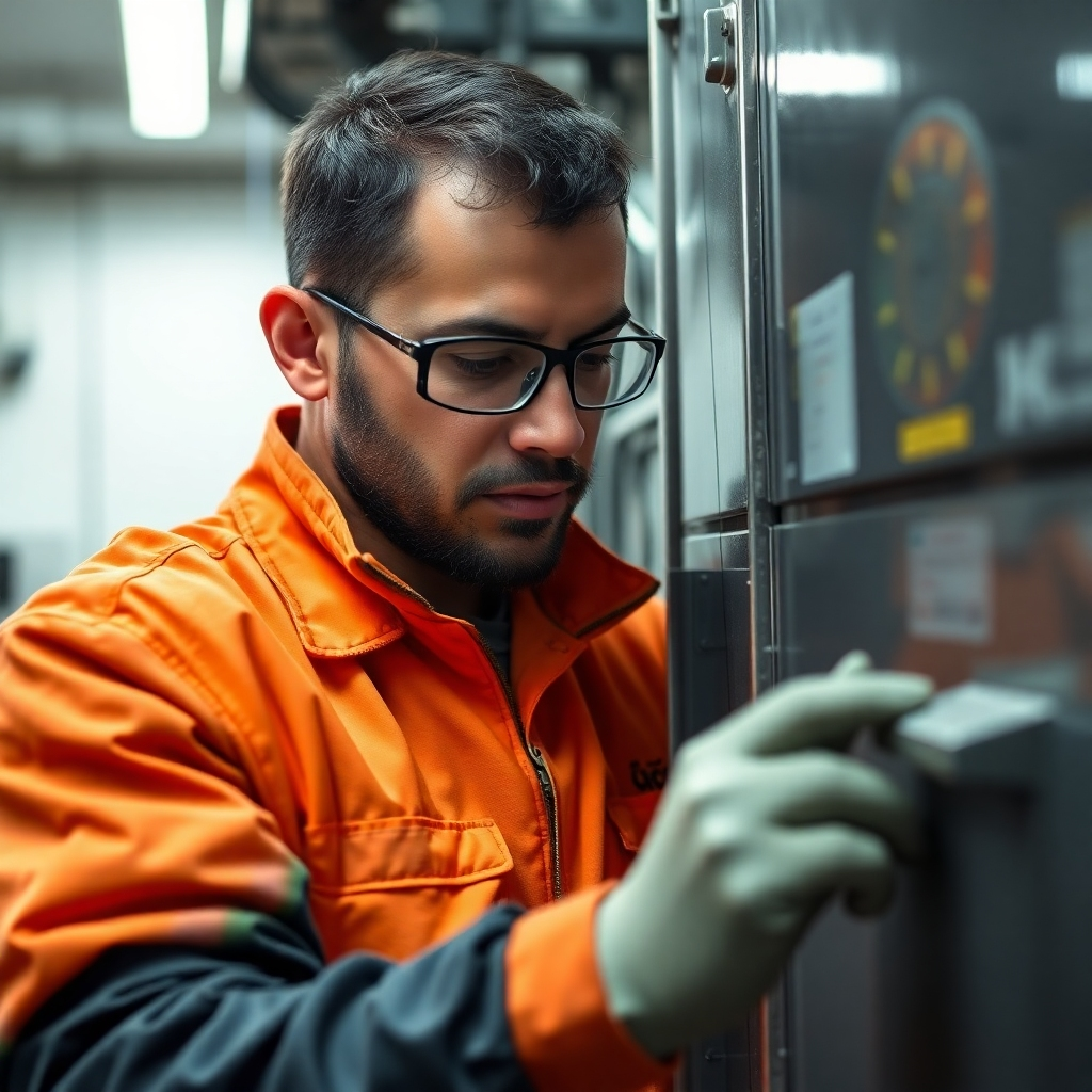A photorealistic image of a technician performing routine maintenance, conveying a sense of care and attention to detail. Technical specs: 4K resolution, high quality.