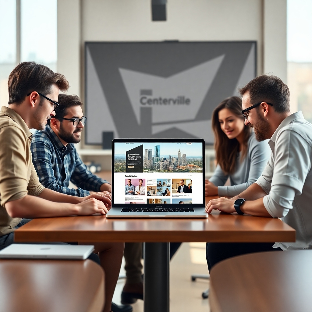 A photorealistic image of a team of web designers collaborating around a table, showcasing a laptop displaying a modern website design mockup, with Centerville, Texas landmarks subtly visible in the background. The scene should be bright and airy, conveying creativity and collaboration.
