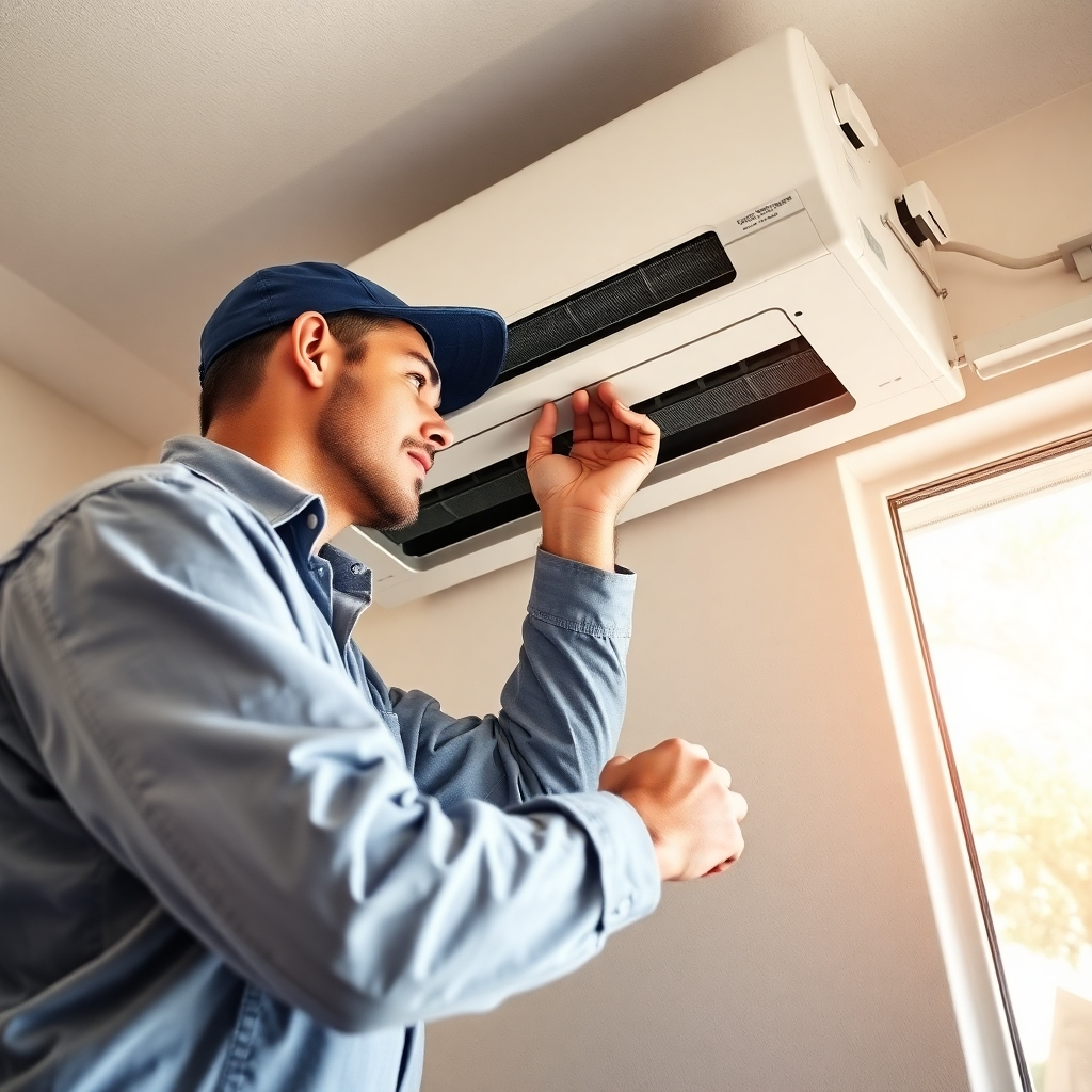 A photorealistic image of a technician meticulously installing an energy-efficient AC unit in a Cedar Park home. The image should highlight the technician's expertise and the precision of the installation process. The color palette should focus on clean lines and professional equipment.  The lighting should be bright and even. The camera angle should show the technician in action, emphasizing the details of the installation.