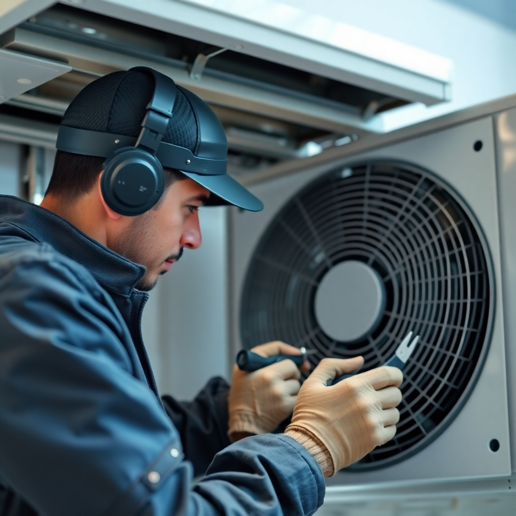 A photorealistic image of a technician repairing an AC unit, highlighting precision tools and detailed work. The setting is a clean, well-lit environment.  Focus on close-up details of repair work. Resolution: 4K.