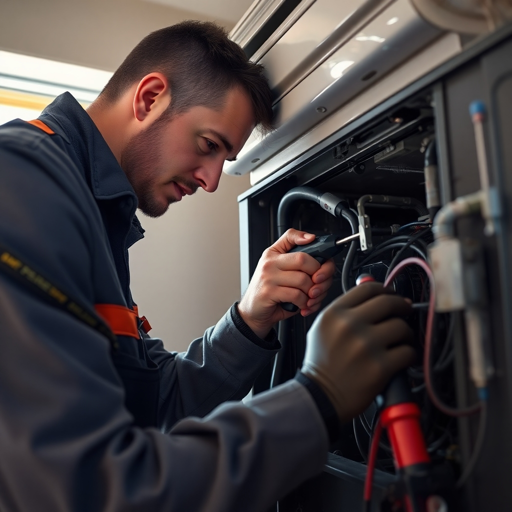 A photorealistic image of a technician meticulously inspecting an AC unit’s components with advanced tools, emphasizing precision and expertise. The setting is a modern Cedar Park home, with sunlight streaming through a nearby window. Use realistic textures and lighting, focusing on the technician's focused expression and the intricate details of the tools. Style: documentary-style photography. Resolution: 4K.