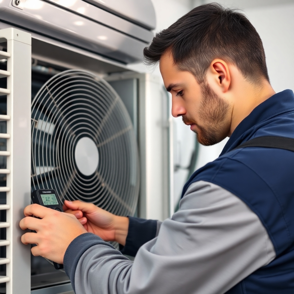 A photorealistic image of a technician performing routine maintenance on an air conditioning system. The image should highlight the thoroughness of the maintenance process and the use of professional equipment. The lighting should be even and well-balanced, showcasing the cleanliness and professionalism of the service. The overall impression should be one of care and expertise.