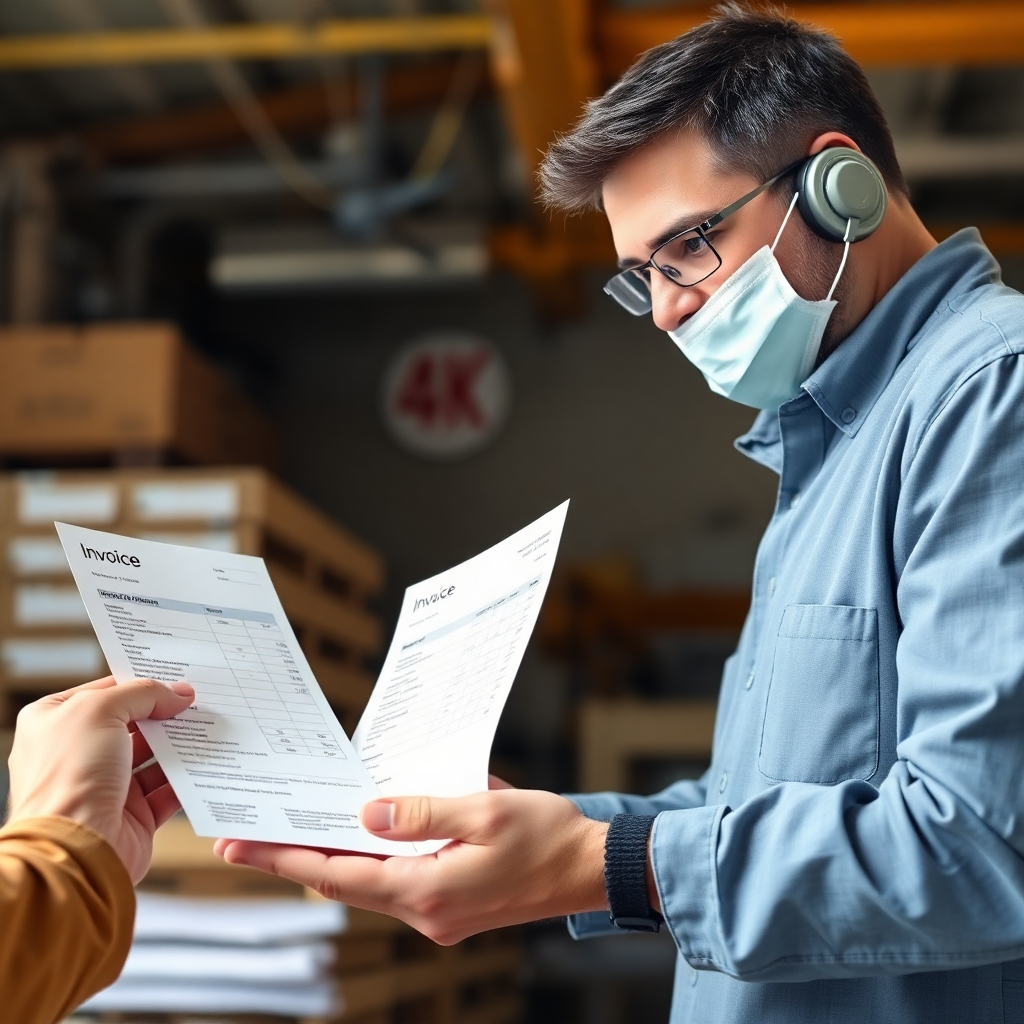 A photorealistic image of a technician handing a client a clear and detailed invoice, showing transparency and trust.   The mood of the image should feel secure, straightforward and clear. The resolution should be 4k and feature accurate, realistic details.  The lighting should be bright and friendly, emphasizing transparency and trust.