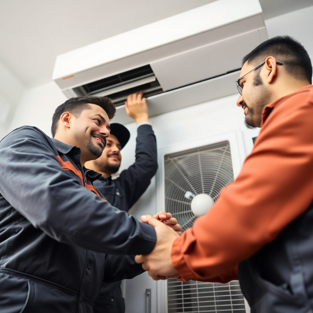A photorealistic image of a team of professional HVAC technicians working together efficiently, showing teamwork and attention to detail during an AC installation. The camera angle should capture both the team and the careful installation process. The image should evoke trust and professionalism.