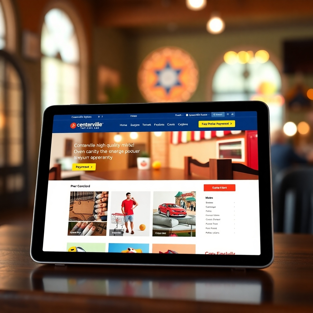 A photorealistic image of a vibrant, user-friendly e-commerce website displayed on a tablet. The website should feature high-quality product images, a shopping cart, and secure payment options.  The background should subtly include elements representing Centerville, Texas, such as a small image of the town square or a local landmark.
