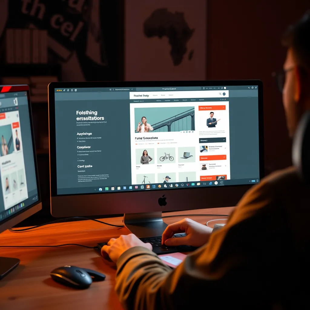A photorealistic image of a website designer using a computer to customize a pre-designed website template. The image should focus on the screen, displaying the template with customizable elements highlighted, such as color palettes, font choices, and content areas.