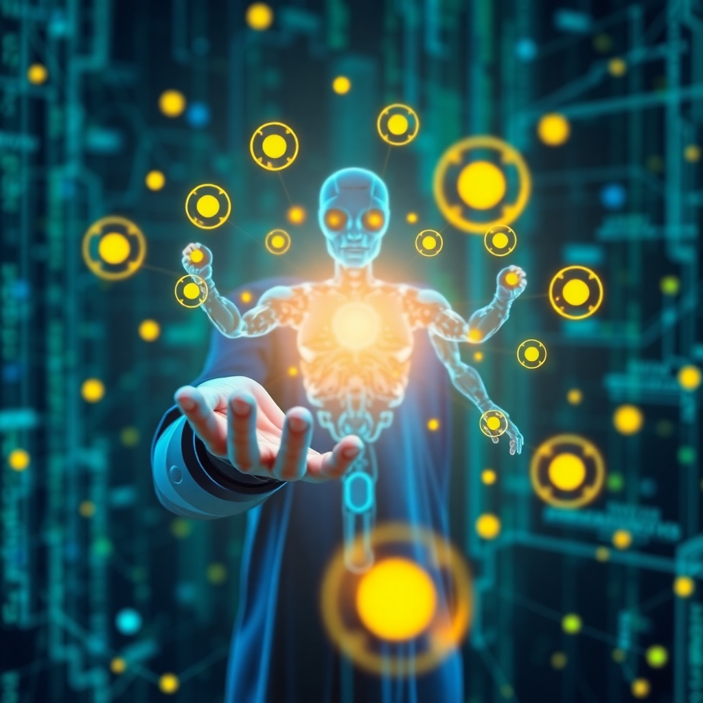 A photorealistic image of an AI agent (holographic representation) reaching out and capturing leads from a digital landscape. The AI agent is surrounded by glowing orbs representing potential clients. The background is a network of data streams. The colors are bright and energetic: blues, greens, and yellows. Style: futuristic, tech-focused. Technical Specs: 4K, photorealistic.