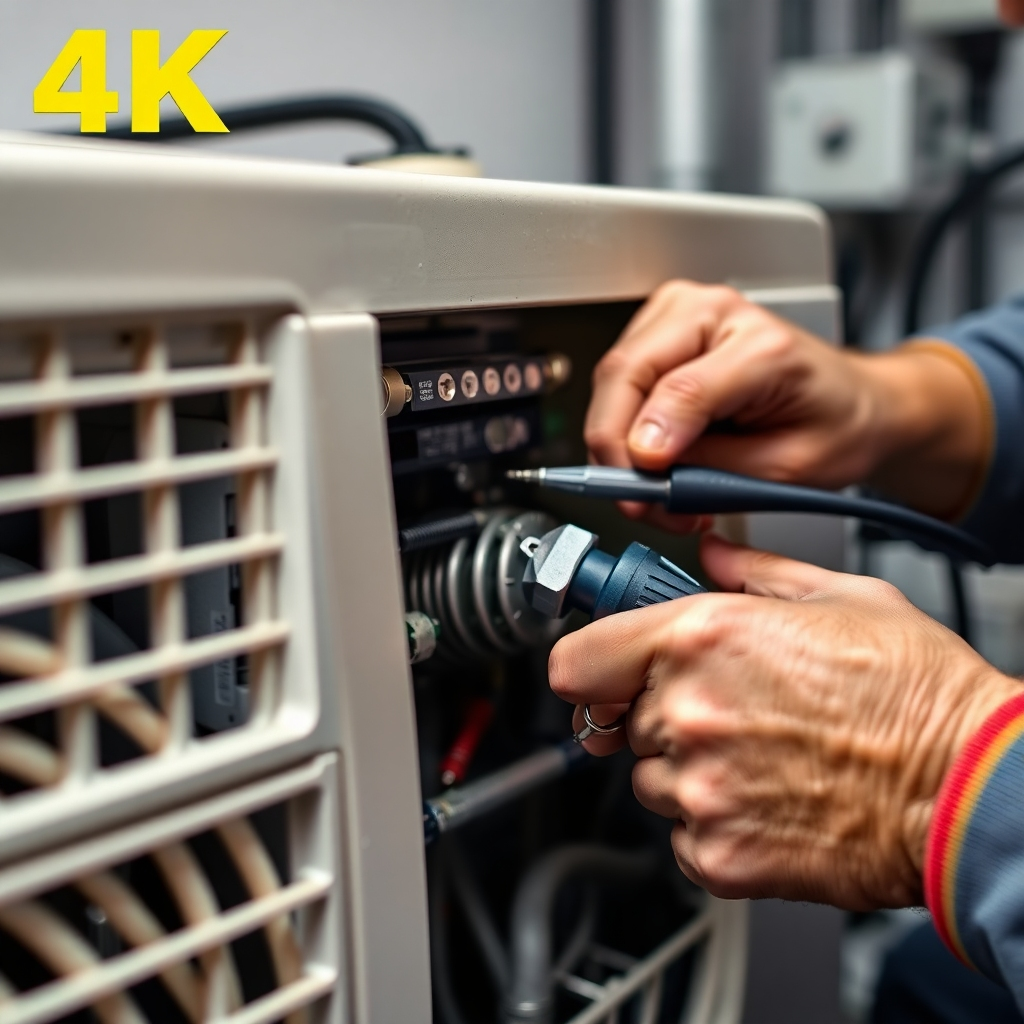 A photorealistic image of an AC unit being expertly repaired with close-up details of the components and tools being used. High-quality 4K resolution, sharp focus, and precise lighting to highlight the detail of the repair process.  Use a style similar to those found in professional tool and component advertisements.
