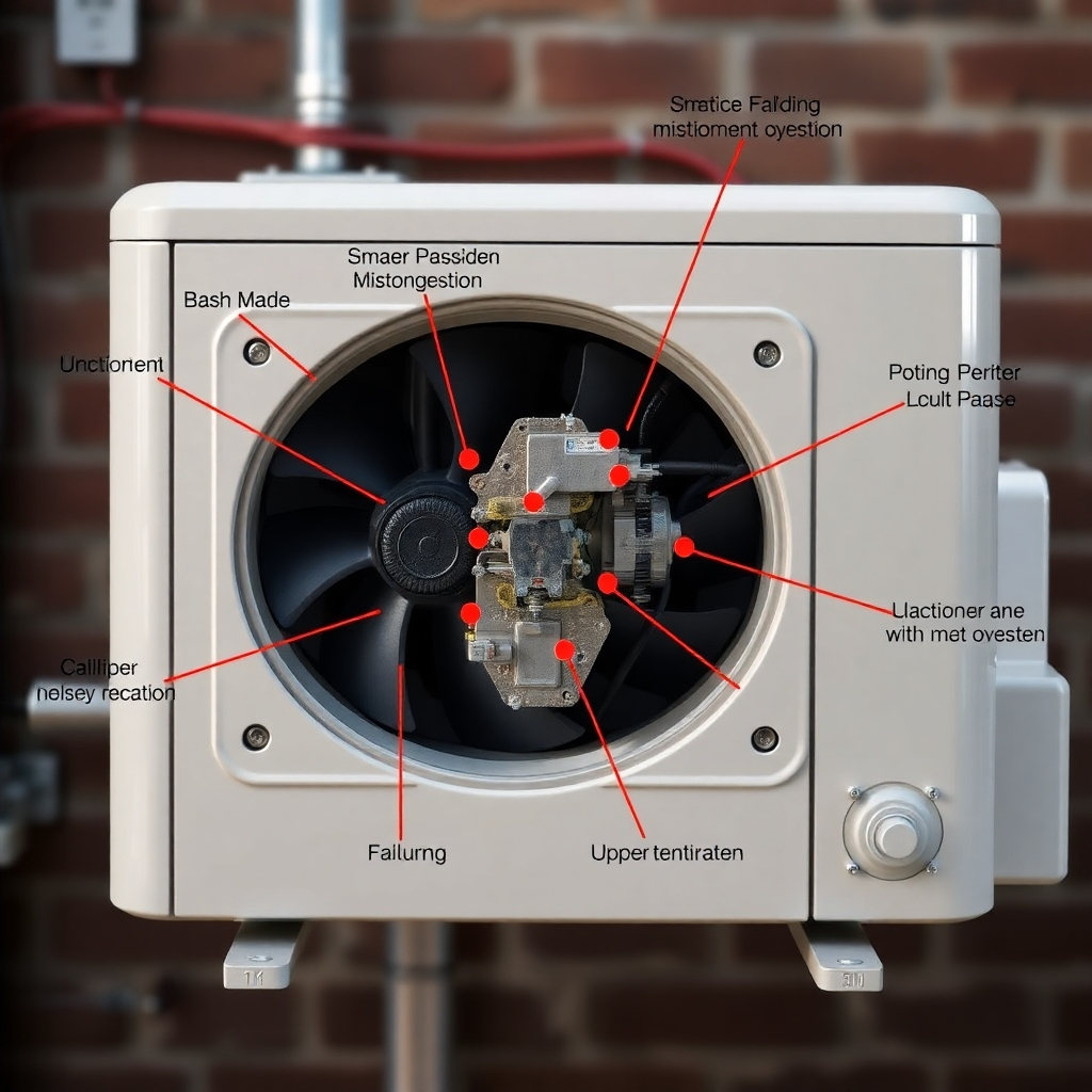 A photorealistic image of an AC unit with various components highlighted, showcasing the internal workings and possible points of failure. The image should be in focus and well-lit. Use a stylistic approach that clearly shows points of potential mechanical failure. The style could be similar to an engineering diagram combined with elements of high-quality photography. Technical details should be realistically shown.