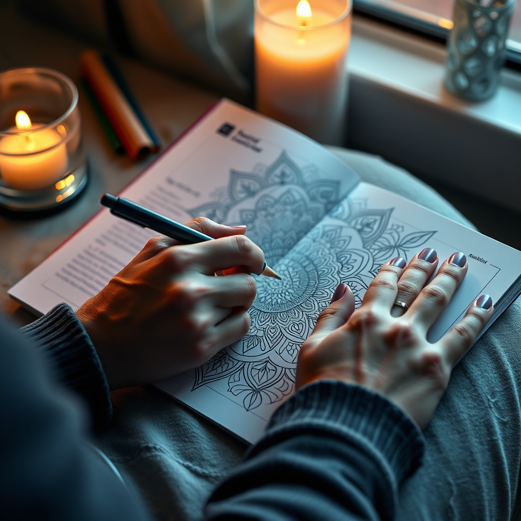 A photorealistic image of an adult's hands coloring a detailed mandala pattern in a coloring book. The focus is on the intricate details and the calming effect of the activity. Soft, ambient lighting creates a peaceful atmosphere. The color palette is sophisticated and relaxing, with muted tones and subtle accents.