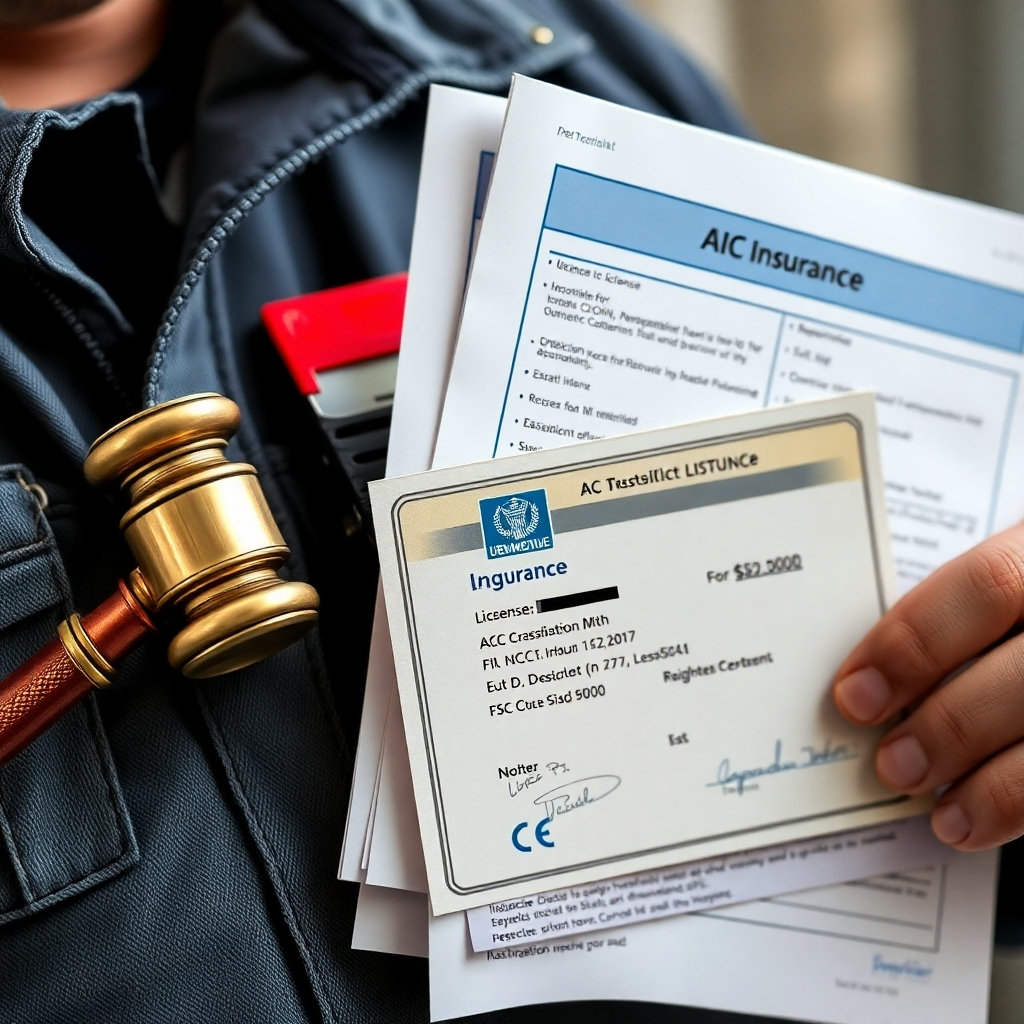 A photorealistic image of an AC technician's license and insurance documents, emphasizing legality and trustworthiness.  Resolution: 4K.