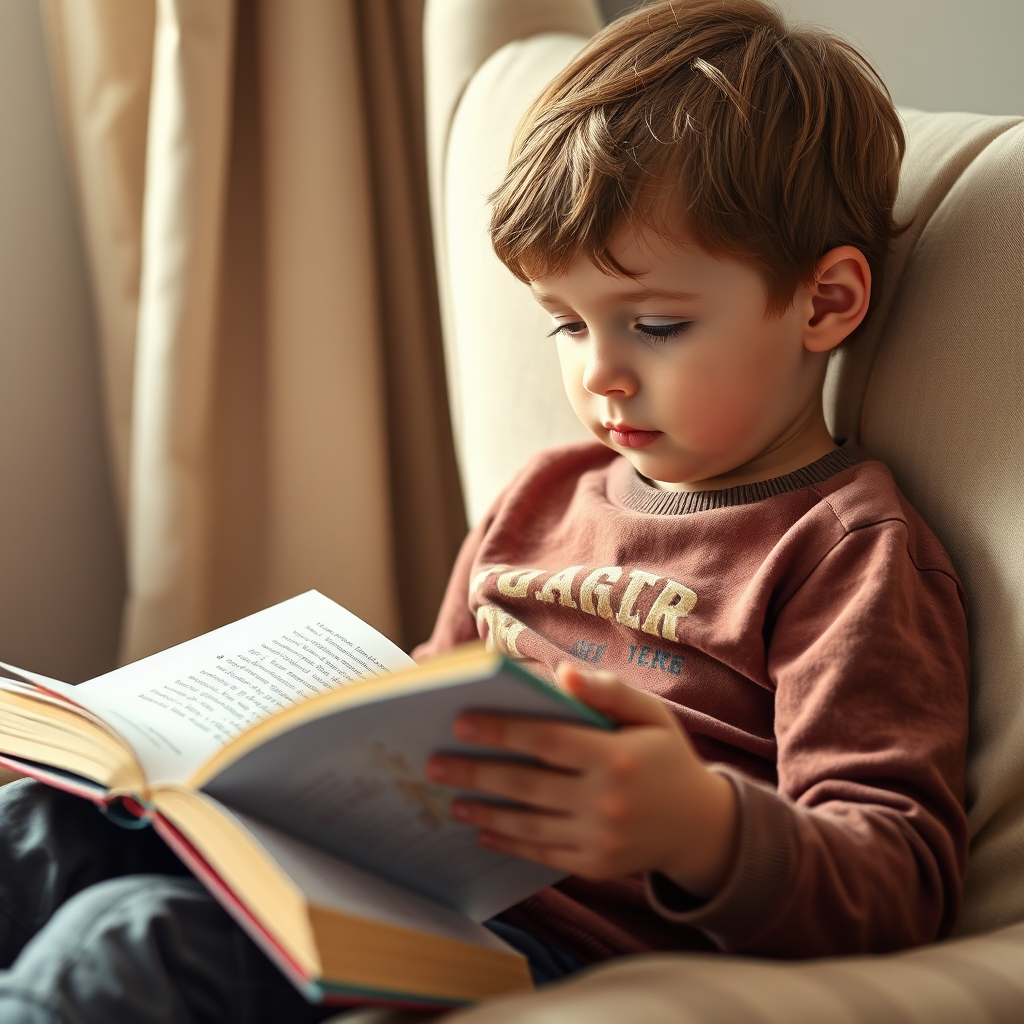 A photorealistic image of an older child engrossed in reading a chapter book. The child is sitting comfortably in a chair or on a bed. The lighting is warm and inviting. Capture the child's concentration and the sense of adventure in the story. 4k resolution.