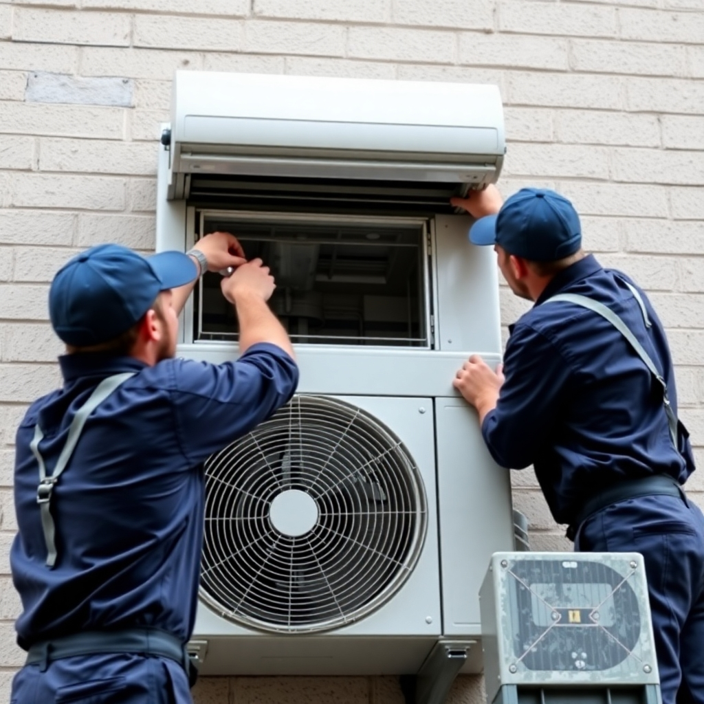 A photorealistic image of technicians expertly installing a new AC unit, highlighting the precision and care in the installation process. The image should focus on the installation rather than the unit itself.