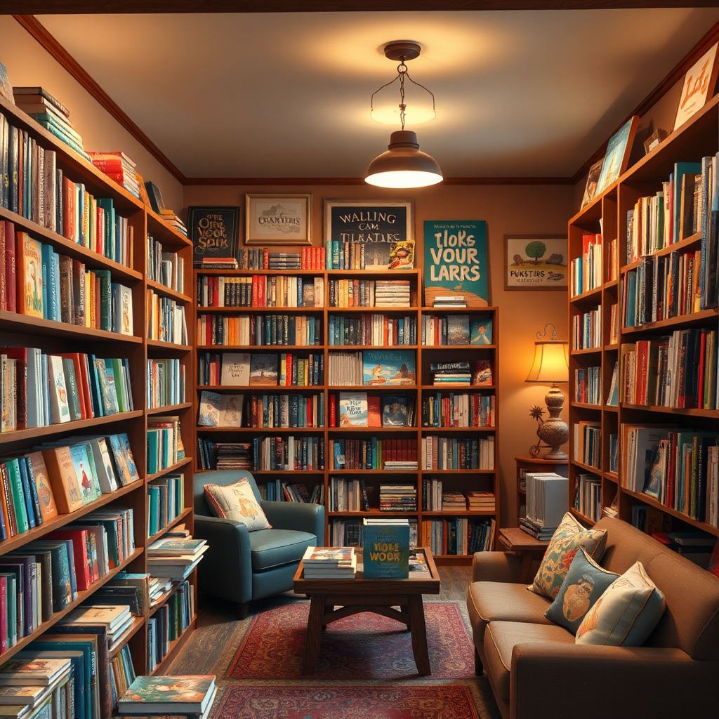 A photorealistic image of the interior of a cozy independent bookstore specializing in children's books. The shelves are overflowing with colorful books, and there are comfortable reading nooks. The lighting is warm and inviting. Capture the atmosphere of a welcoming literary space. 4k resolution.