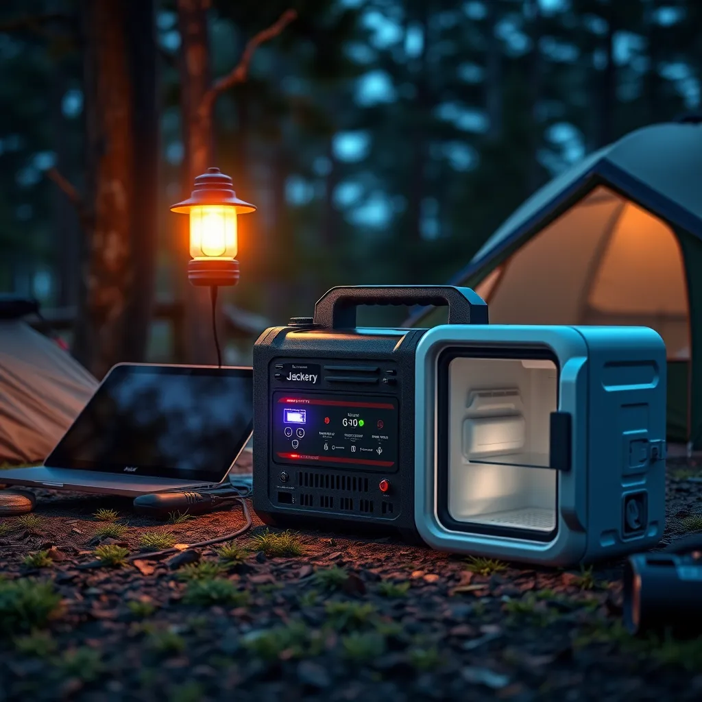 A photorealistic image of the Jackery Solar Generator 2000 Plus Kit fully assembled and connected to a laptop, a camping light, a mini-fridge, and a phone charger, all operating simultaneously. The generator should be in a camping setting, with trees and a tent in the background.