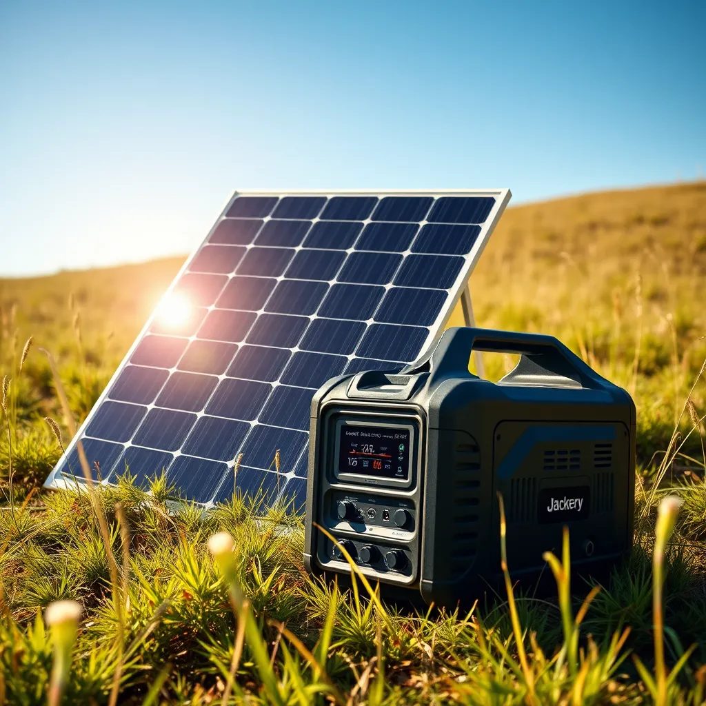 A photorealistic image of the Jackery Solar Generator 2000 Plus Kit positioned on a sunny meadow with its included solar panels fully extended and angled towards the sun. The generator should be charging, with a digital display showing the charging progress.