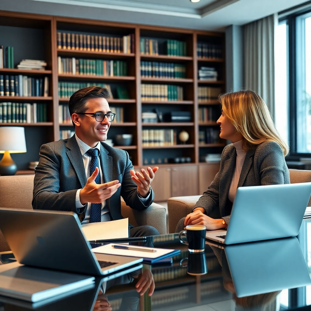 A photorealistic image rendered in 8K resolution, showing a professional, confident tax advisor, in their 30s or 40s, engaging in a relaxed yet focused discussion with a client in a sophisticated, yet approachable office. The lighting is soft and diffused, creating a comfortable and inviting atmosphere. The color palette is sophisticated and calming, featuring muted blues, greens, and warm wood tones. The camera angle is slightly below eye level, emphasizing the advisor's authority and expertise. The advisor is actively listening and gesturing subtly, creating a sense of trust and collaboration. The client should be slightly blurred in the background, maintaining privacy.  The setting should include bookshelves lined with tax law publications and modern office furnishings, conveying professionalism and expertise.  The texture of the wood furniture, the soft feel of the fabrics, and the subtle sheen of the glass desk should be highly detailed. Props include neatly organized files, pens, a sleek laptop, and a warm cup of coffee. The image style should emulate the clarity and realism of Steve McCurry's work, conveying a sense of competence and trust.