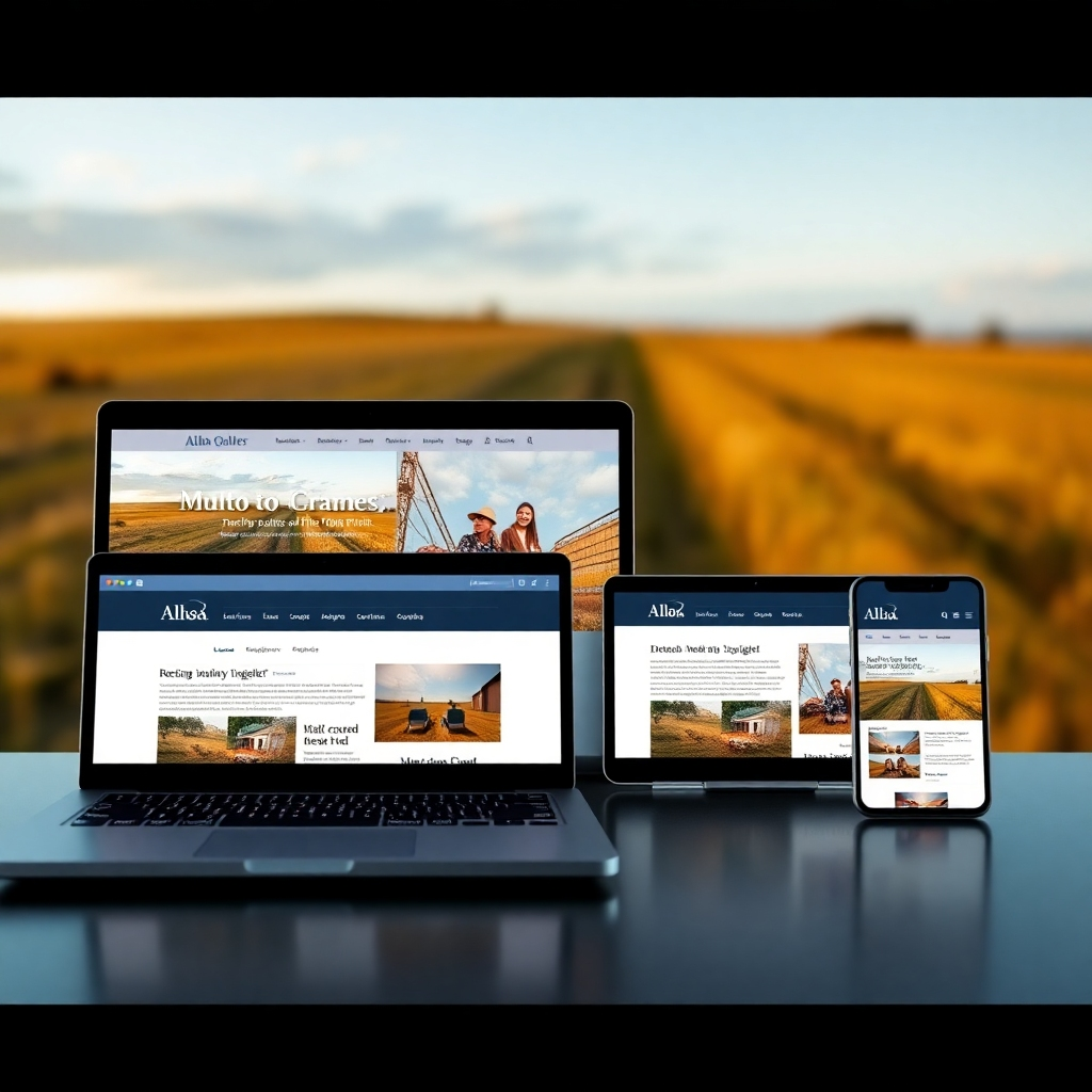 A photorealistic image showcasing a modern, responsive website design on multiple devices (laptop, tablet, smartphone) simultaneously. The website should feature clean lines, high-quality images, and a user-friendly interface.  The background should subtly feature the Alba Golden, TX landscape, perhaps a glimpse of a field or building. The overall aesthetic should be sleek and professional.