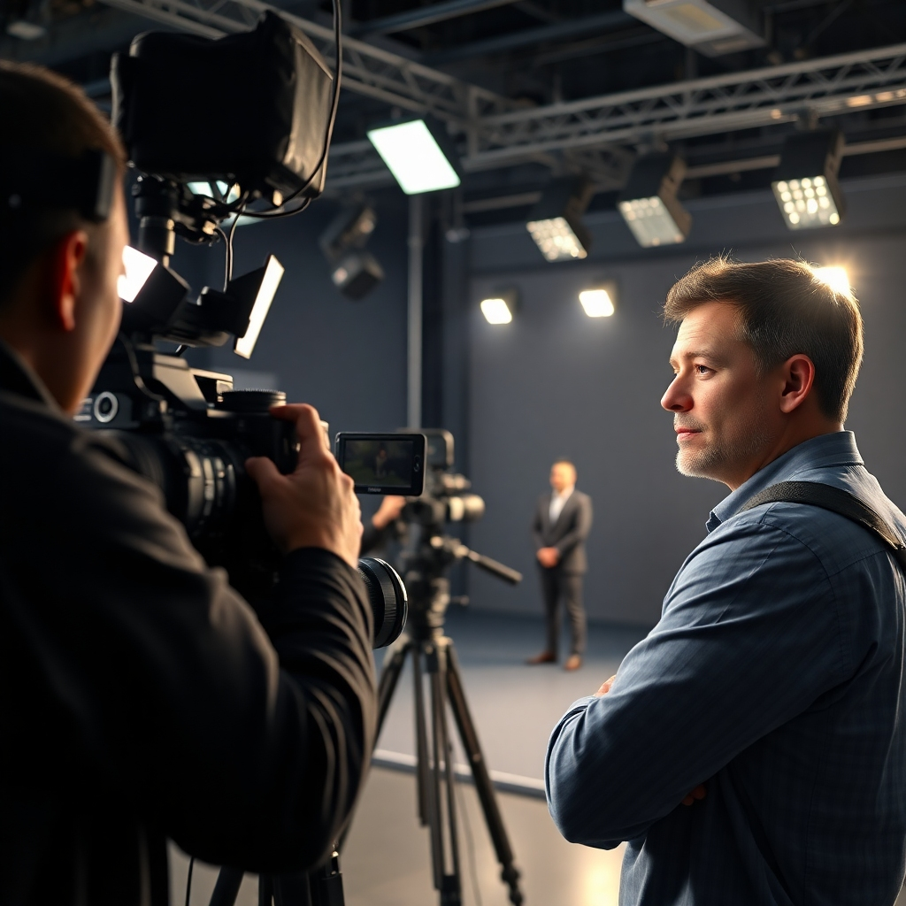 A photorealistic image showcasing a behind-the-scenes look at a professional video shoot.  The image should show a film crew working efficiently, using high-end equipment, with a spokesperson attentively performing in a well-lit set.  The scene depicts focus and precision, emphasizing the technical aspects of quality video production.