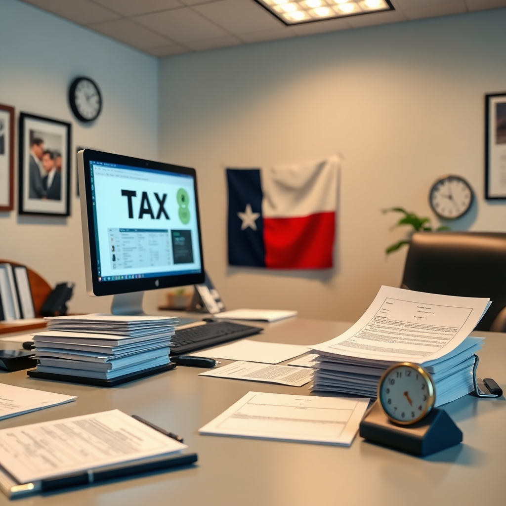 A photorealistic image showcasing a clean, organized desk in a professional office in The Woodlands, TX.  The image should highlight neatly organized tax documents, a computer screen displaying tax software, and a clock indicating an appropriate time frame, symbolizing efficiency and timely filing. The background should subtly show a Texas flag.