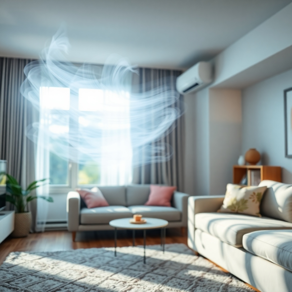 A photorealistic image showcasing the cool air blowing from an energy-efficient air conditioning unit in a living room. The image should reflect a feeling of comfort and relaxation, with cool colors and soft lighting. The camera angle should be focused on the air conditioning unit and its refreshing breeze.