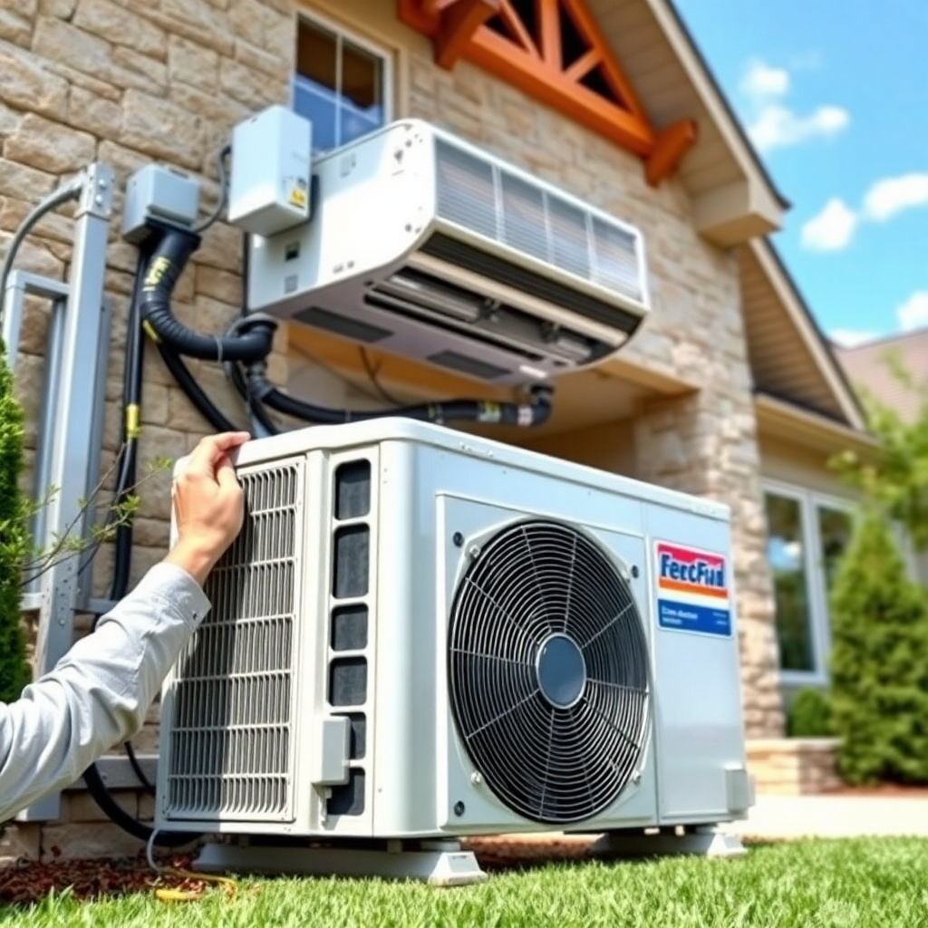 A photorealistic image showcasing the installation of a new AC unit, with focus on clean and precise installation process. The background is a beautiful Cedar Park home. Resolution: 4K.