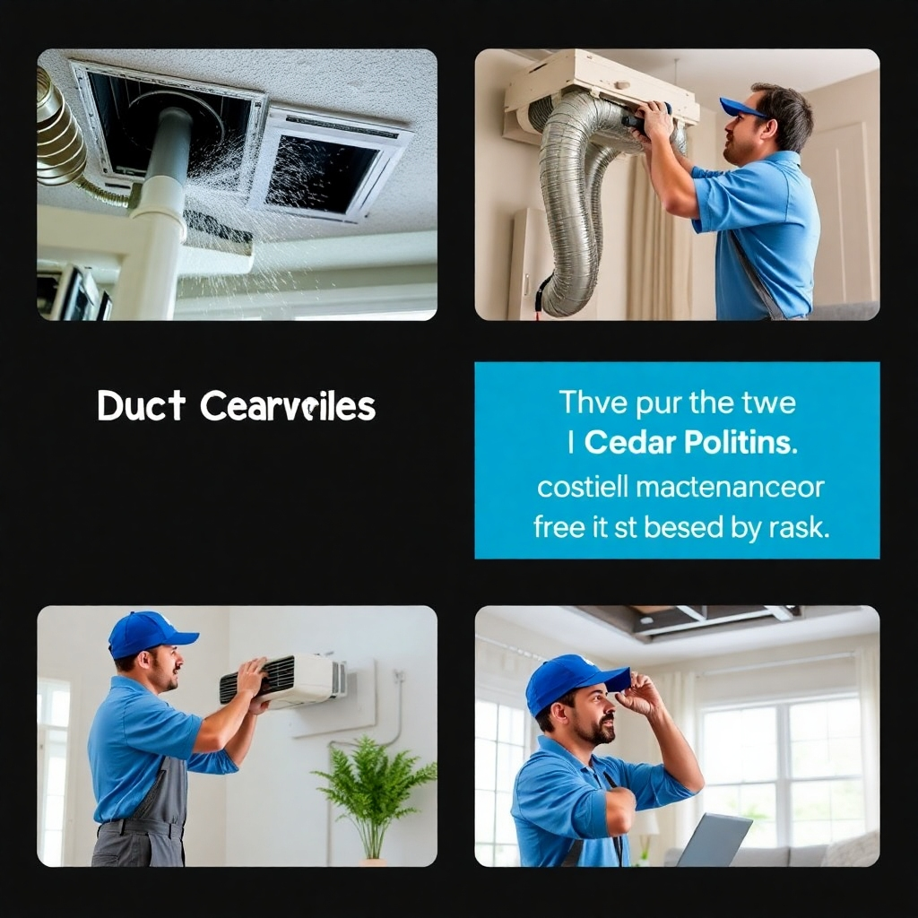 A photorealistic image showcasing different aspects of AC services like ductwork cleaning, system maintenance, and troubleshooting, done in a clean Cedar Park home, highlighting professionalism and thoroughness. Resolution: 4K.