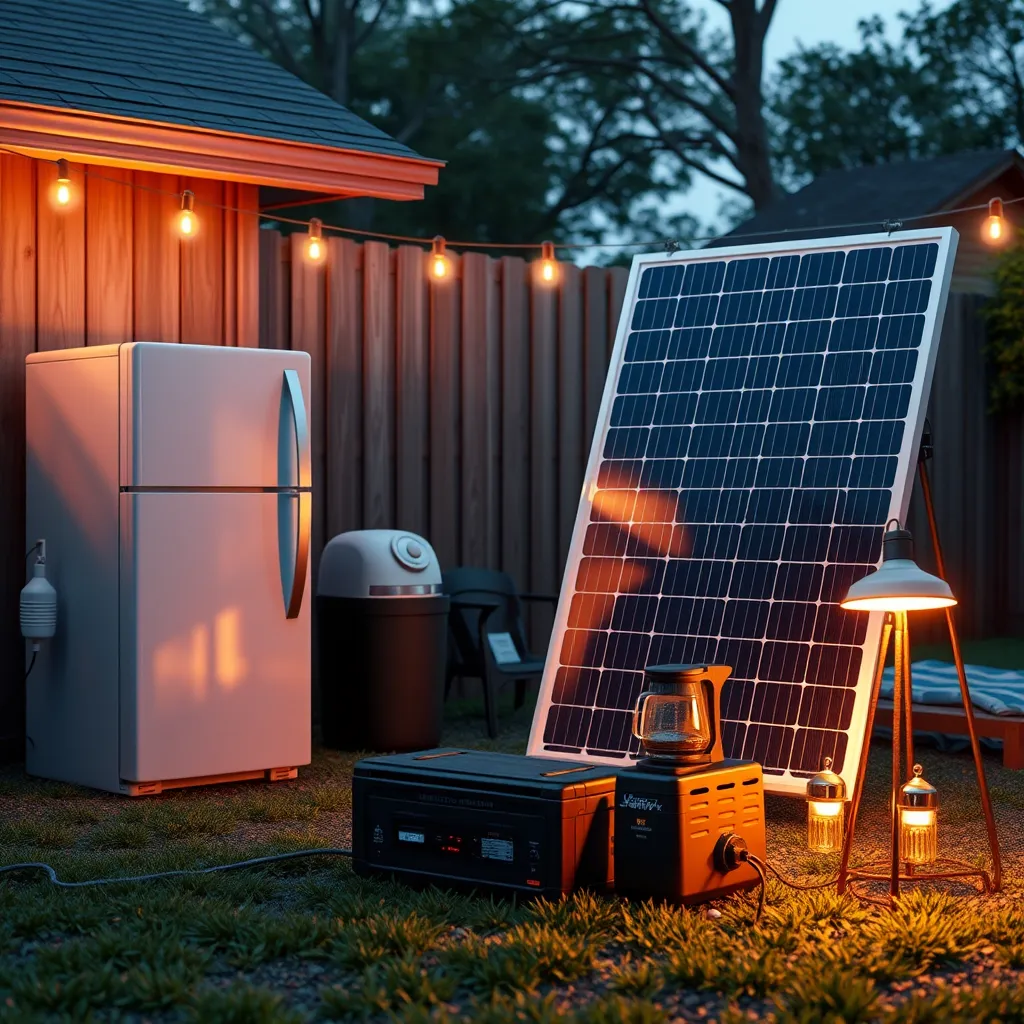 A photorealistic image showcasing the Jackery 2000 Plus Kit with its solar panels set up in a backyard setting, powering a refrigerator, a coffee maker, and a few lamps. The image should convey a sense of security and convenience during a power outage.