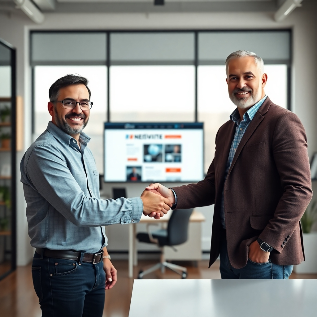 A photorealistic image showing a friendly web designer shaking hands with a satisfied business owner in a modern office setting in Gladewater, TX. The background should subtly show a website design on a screen, conveying a sense of trust, affordability, and successful collaboration.