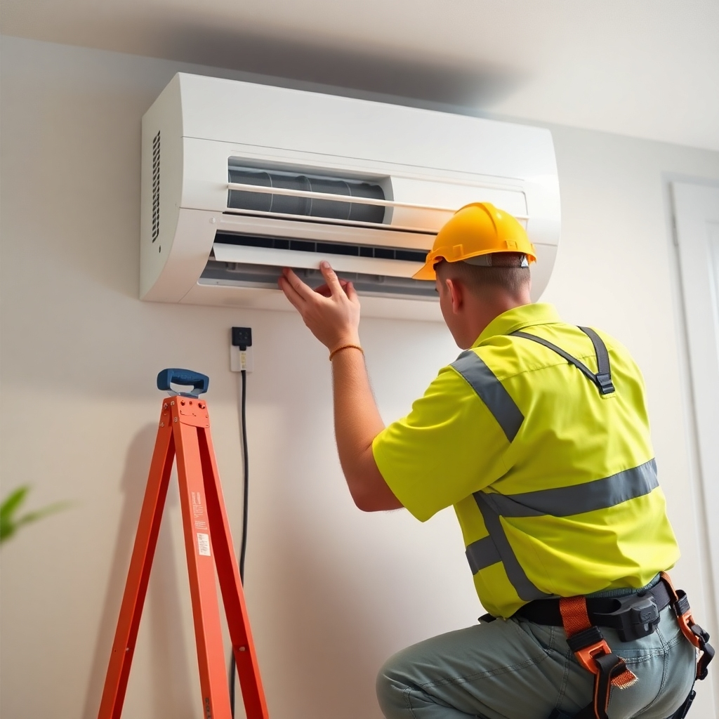 A photorealistic image showing a new, energy-efficient air conditioning system being expertly installed in a modern home. Focus on the precision and care taken during the installation process. The color palette should be vibrant but professional, highlighting the high quality of the installation and the system itself.  High-quality tools and equipment should be visible in the scene.  The lighting should be even and well-balanced.
