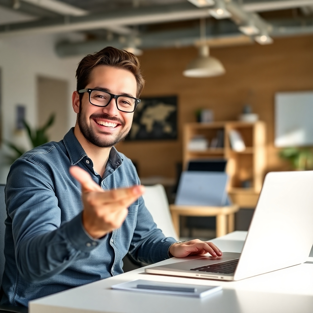 A photorealistic image showing a friendly web designer smiling and gesturing towards a laptop screen displaying a positive customer review. The background is a modern and well-organized office in Alba Golden, TX. The image should evoke a sense of trust, professionalism, and collaboration.