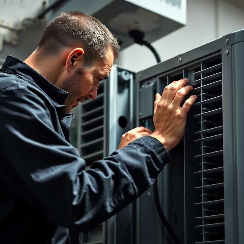 A photorealistic image showing a technician meticulously inspecting an AC unit's components, with a focus on detailed examination. Use natural lighting and neutral colors to convey a sense of precision and professionalism. The image should convey the detailed nature of a maintenance check