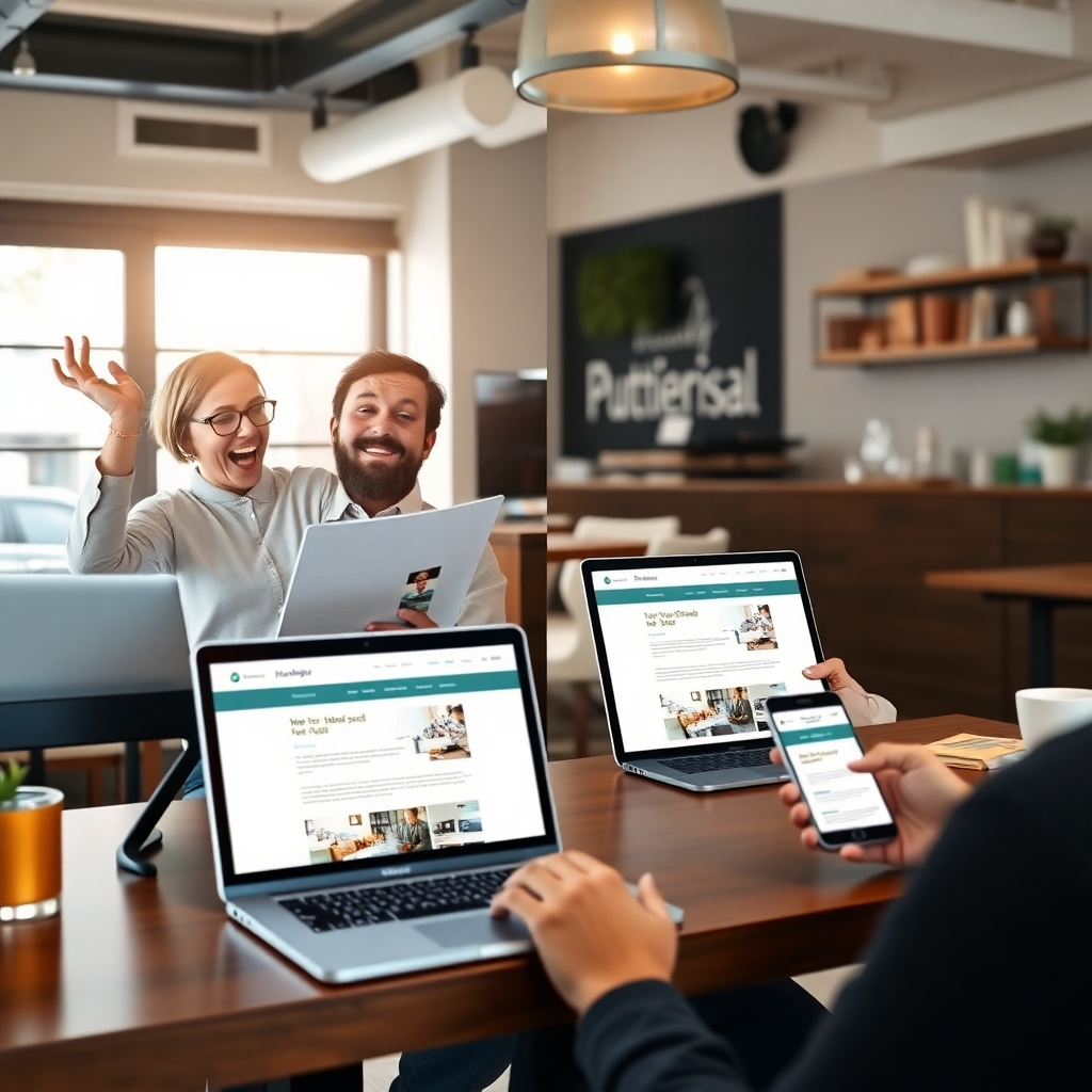A photorealistic image showing a split screen; one side depicts a client excitedly reviewing a website design mock-up with a web designer in a casual, friendly setting in a Hattiesburg coffee shop. The other side shows the sleek, finished website on various devices (laptop, tablet, smartphone) showcasing its responsiveness and visual appeal.  The overall style should be bright and modern, emphasizing client satisfaction.