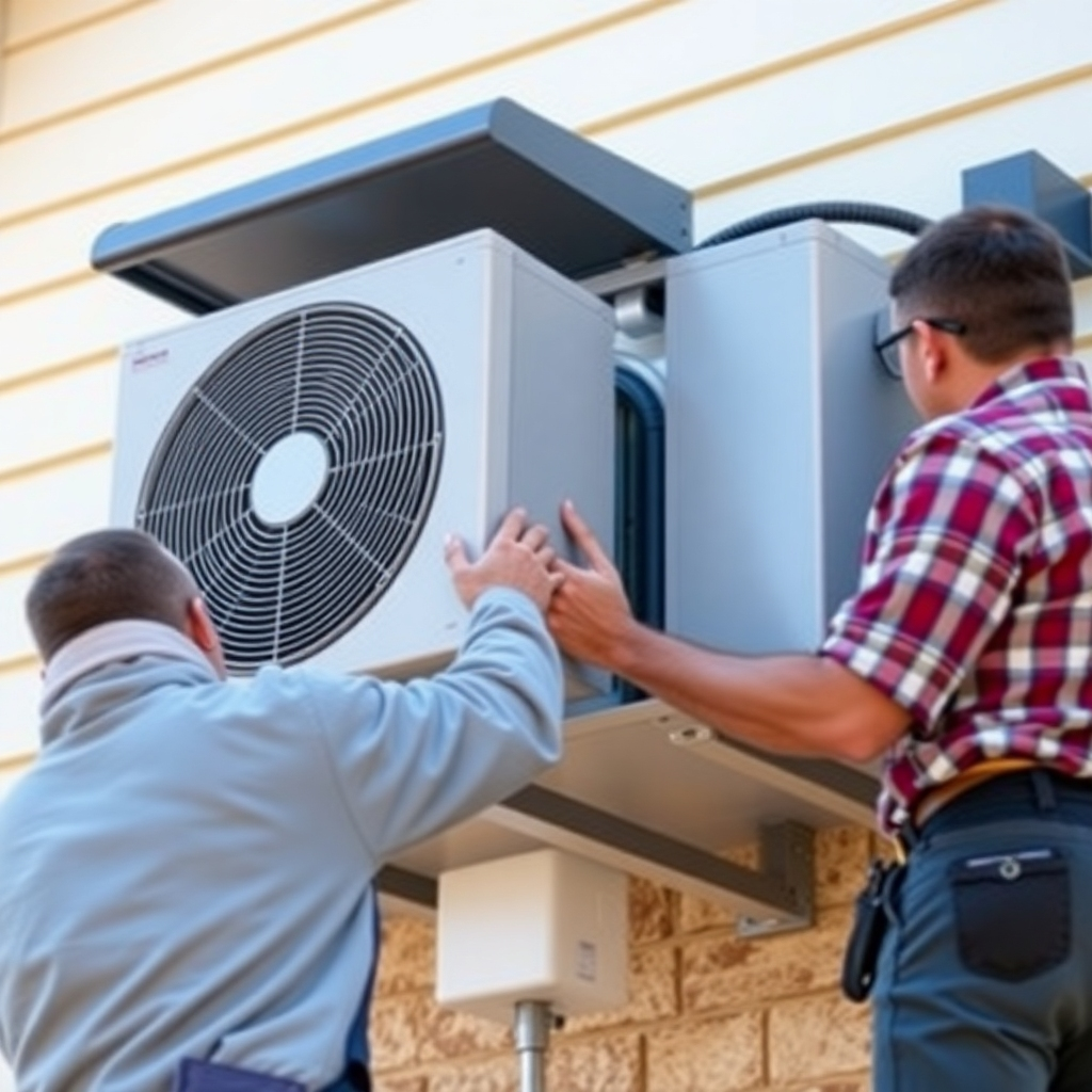 A photorealistic image showing the installation of a new AC unit on a Cedar Park home, showcasing clean and precise workmanship. Focus on the modern equipment and professionalism. Lighting should be natural and bright.  Resolution: 4K