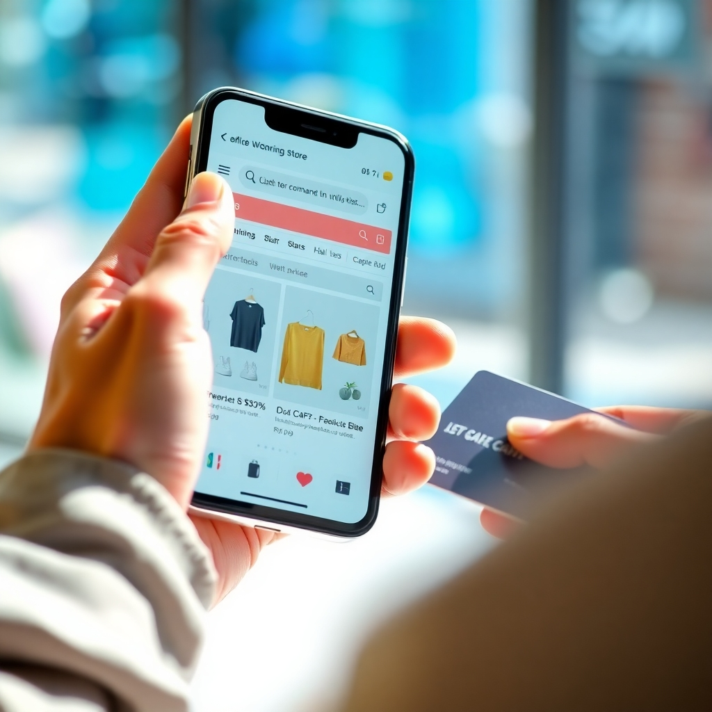 A photorealistic image showing a close-up of a person using a smartphone to browse an attractive, well-designed online store.  The smartphone screen should display high-quality product images, clear pricing, and easy-to-use navigation.  The background should subtly show the person's hands holding the smartphone and possibly a credit card, suggesting the online purchase process.  The image should be bright, clean, and emphasize the ease and convenience of online shopping.