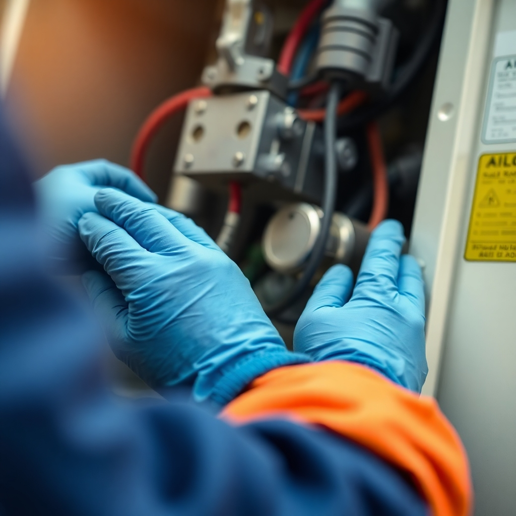 A photorealistic image showing a close-up of a technician’s hands expertly working on an HVAC component.  The background should be slightly blurred, focusing attention on the precision of their work. Use a bright, crisp lighting style to emphasize the cleanliness and precision of the work.