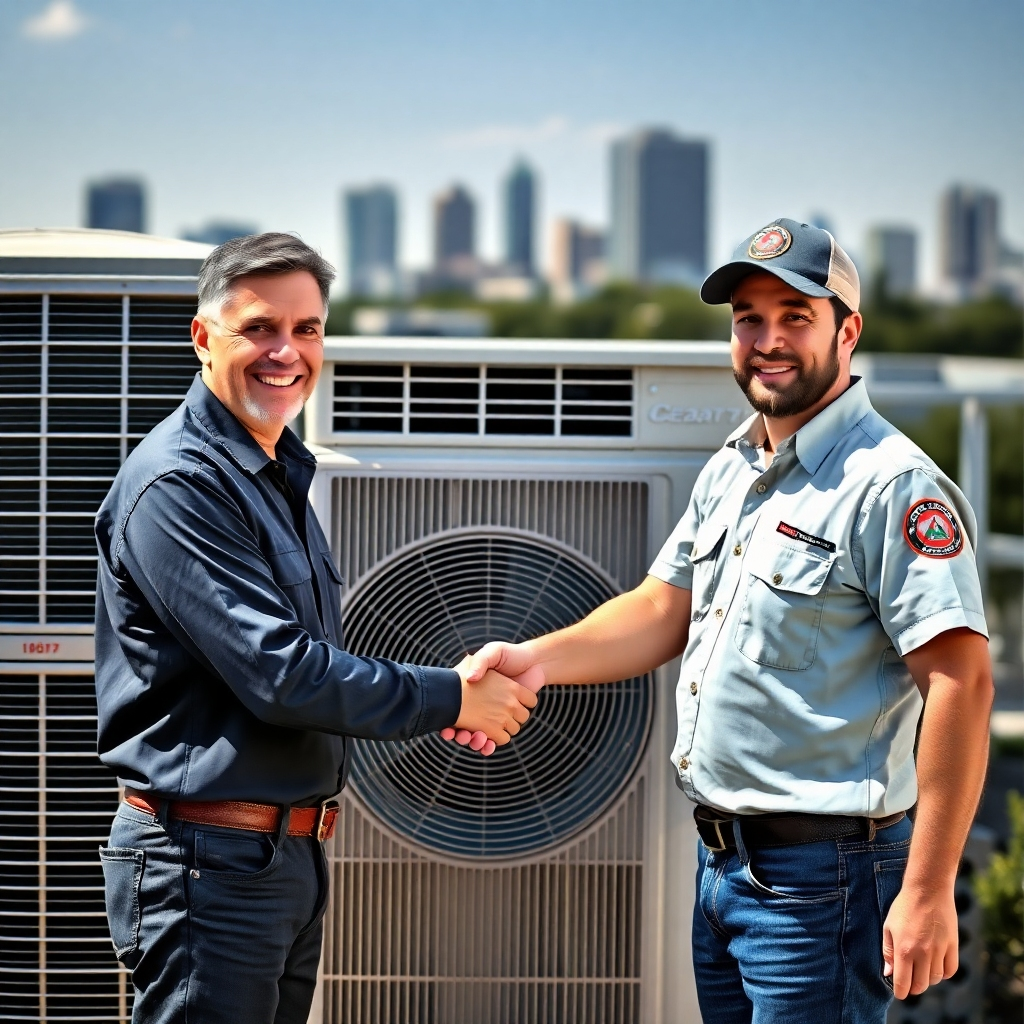 A photorealistic image showing a happy customer and technician shaking hands in front of a repaired AC unit. The background includes the Cedar Park skyline. Emphasize positive emotions, with natural lighting and a focus on friendly body language. Style: lifestyle photography. Resolution: 4K.